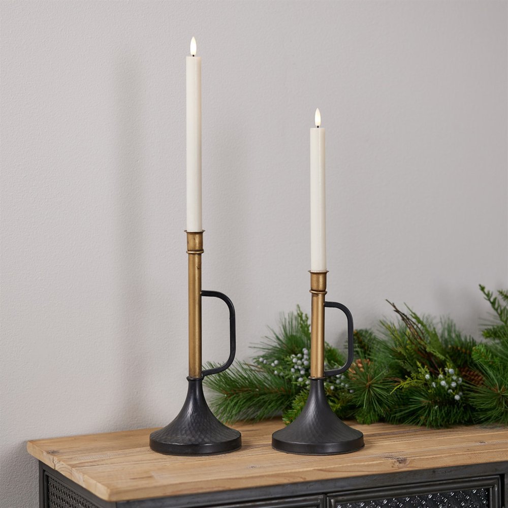 Set of Two Black And Gold Distressed Metal Tabletop Taper Candlesticks