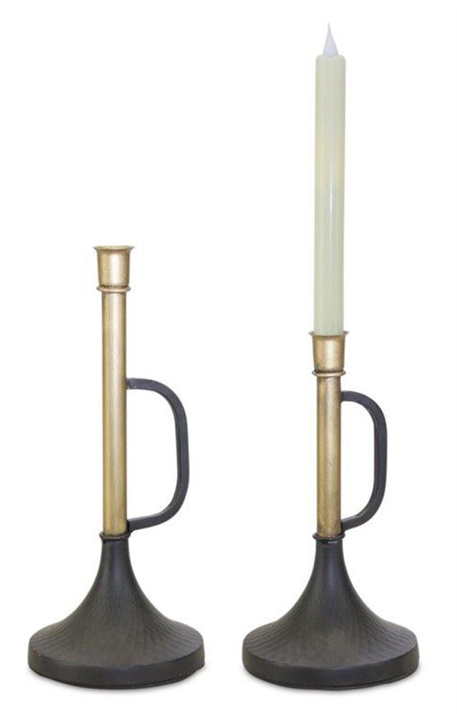 Set of Two Black And Gold Distressed Metal Tabletop Taper Candlesticks