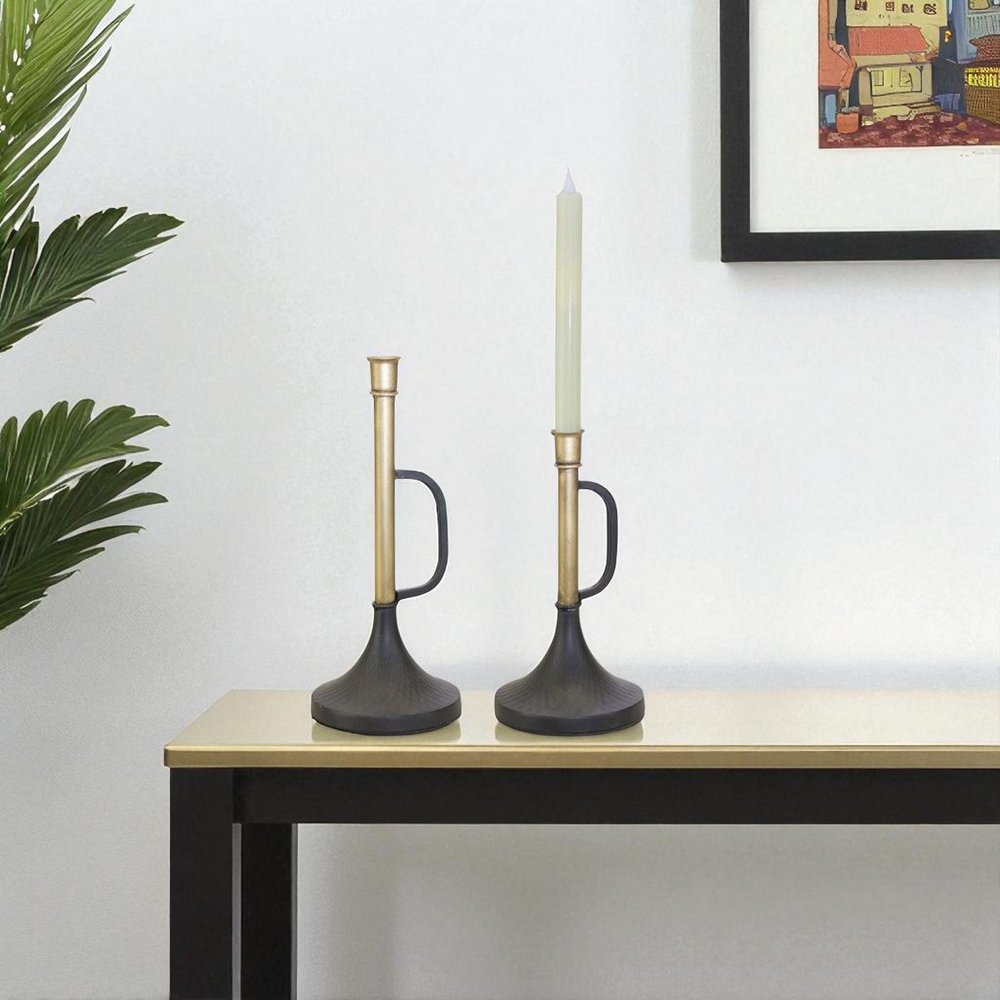 Set of Two Black And Gold Distressed Metal Tabletop Taper Candlesticks