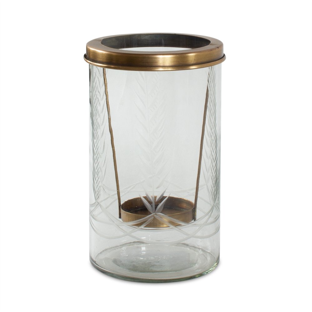 9" Clear And Gold Botanical Leaf Glass And Metal Tabletop Hurricane Candle Holder