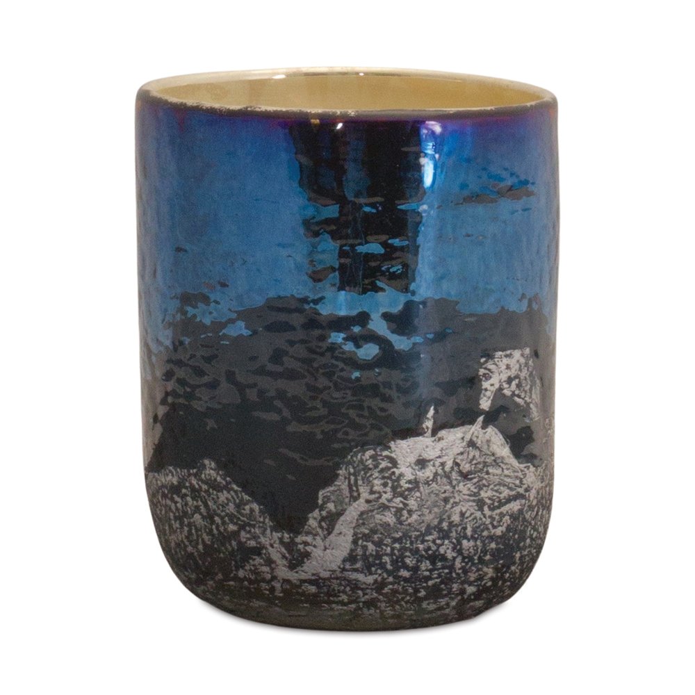 5" Navy Blue And Silver Abstract Glass Tabletop Pillar Candle Holder