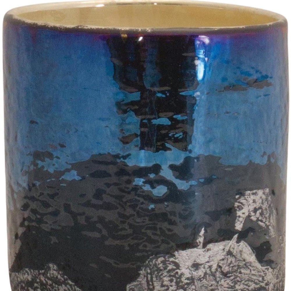5" Navy Blue And Silver Abstract Glass Tabletop Pillar Candle Holder