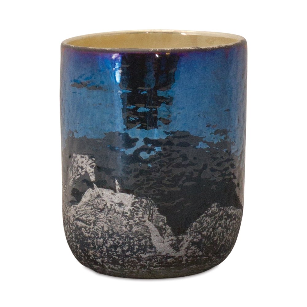 5" Navy Blue And Silver Abstract Glass Tabletop Pillar Candle Holder