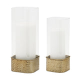 Set of Two Clear And Gold Hammered Glass And Metal Tabletop Hurricane Candle Holders