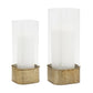Set of Two Clear And Gold Hammered Glass And Metal Tabletop Hurricane Candle Holders