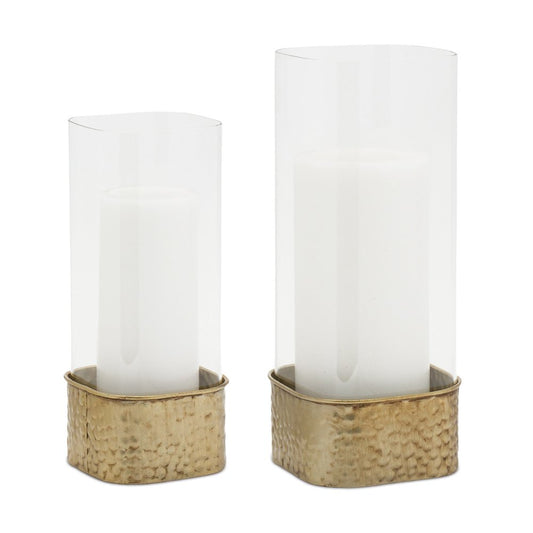 Set of Two Clear And Gold Hammered Glass And Metal Tabletop Hurricane Candle Holders
