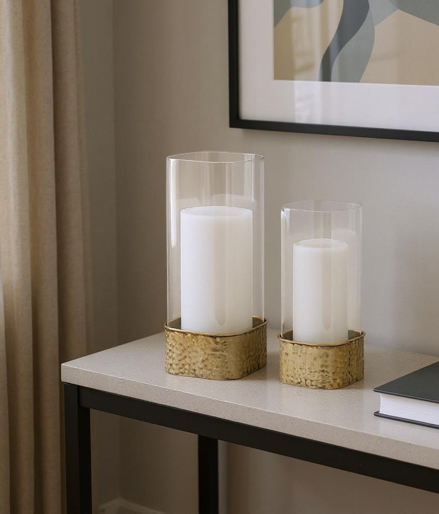 Set of Two Clear And Gold Hammered Glass And Metal Tabletop Hurricane Candle Holders