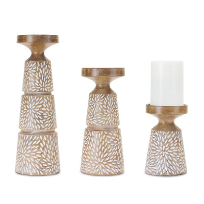 Set of Three Brown And White Distressed Floral Resin Tabletop Pillar Candle Holders