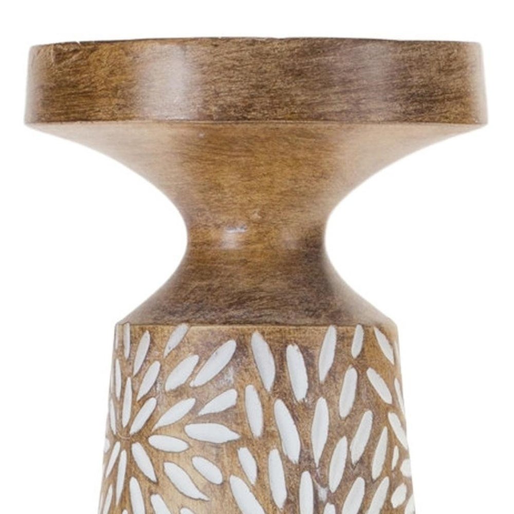 Set of Three Brown And White Distressed Floral Resin Tabletop Pillar Candle Holders