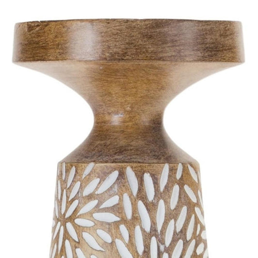 Set of Three Brown And White Distressed Floral Resin Tabletop Pillar Candle Holders