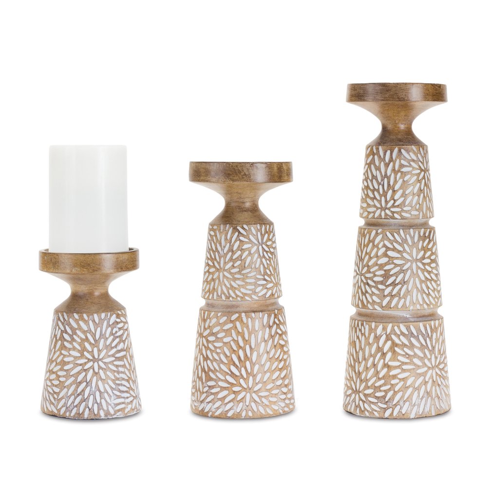 Set of Three Brown And White Distressed Floral Resin Tabletop Pillar Candle Holders