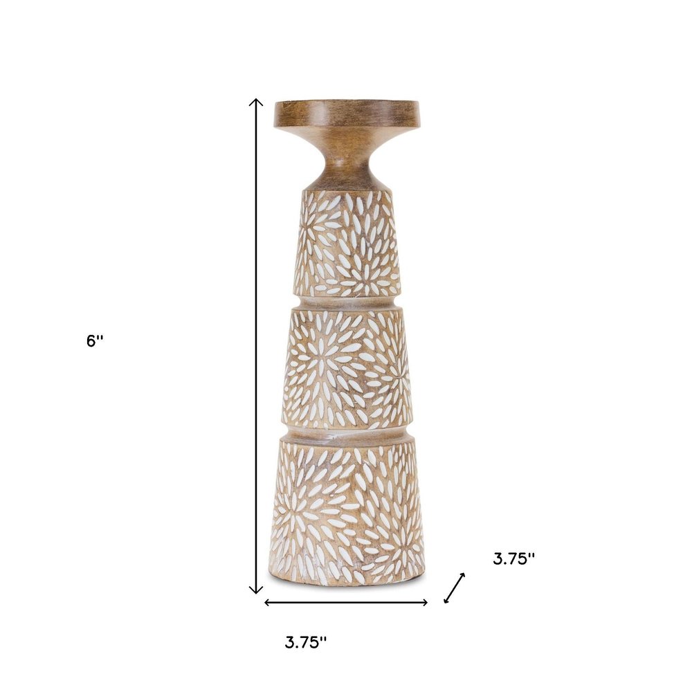 Set of Three Brown And White Distressed Floral Resin Tabletop Pillar Candle Holders