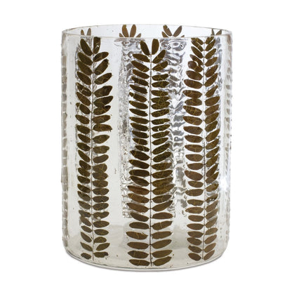 8" Clear And Green Botanical Leaf Glass Tabletop Pillar Candle Holder