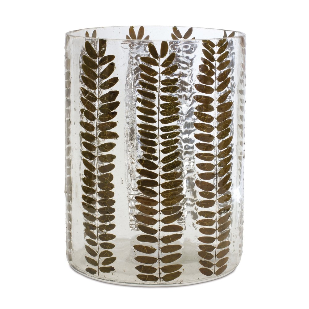 8" Clear And Green Botanical Leaf Glass Tabletop Pillar Candle Holder