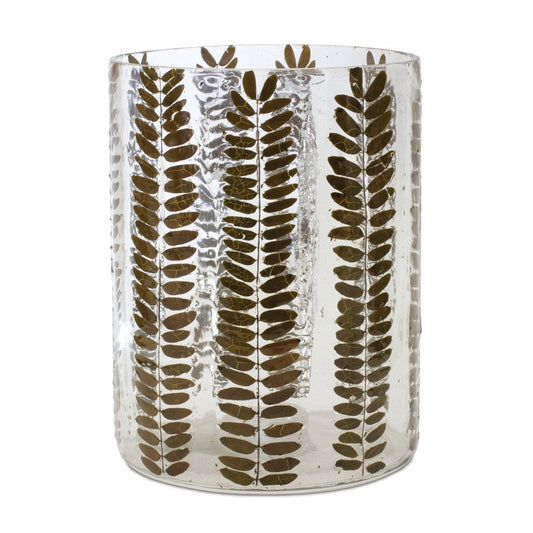 8" Clear And Green Botanical Leaf Glass Tabletop Pillar Candle Holder