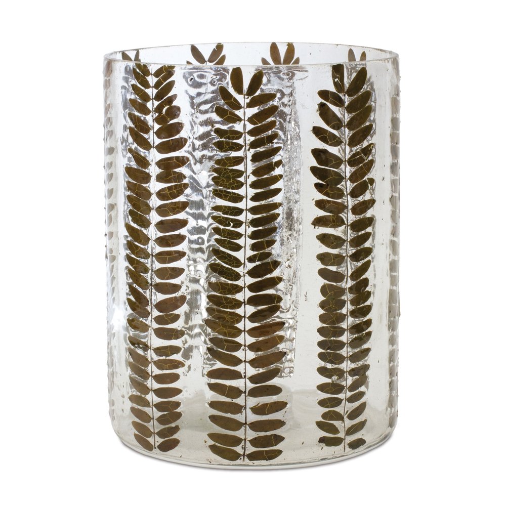 8" Clear And Green Botanical Leaf Glass Tabletop Pillar Candle Holder