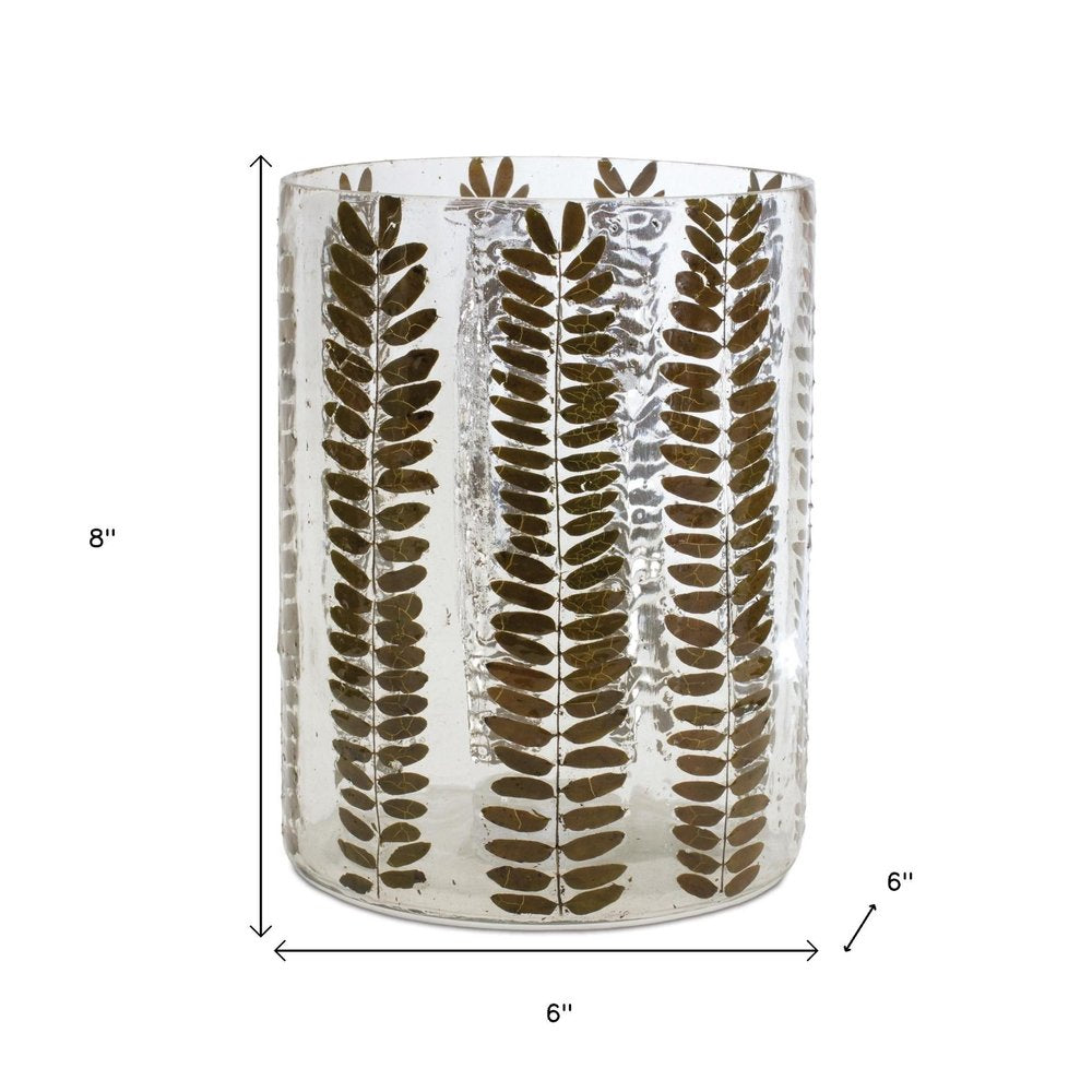 8" Clear And Green Botanical Leaf Glass Tabletop Pillar Candle Holder