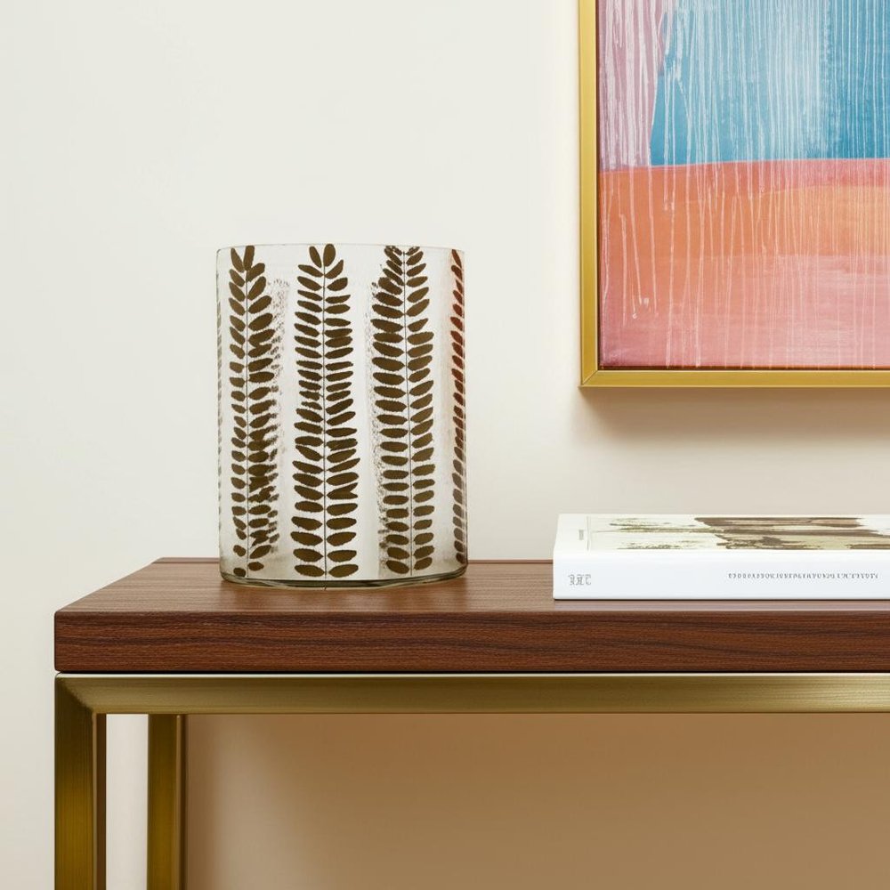 8" Clear And Green Botanical Leaf Glass Tabletop Pillar Candle Holder