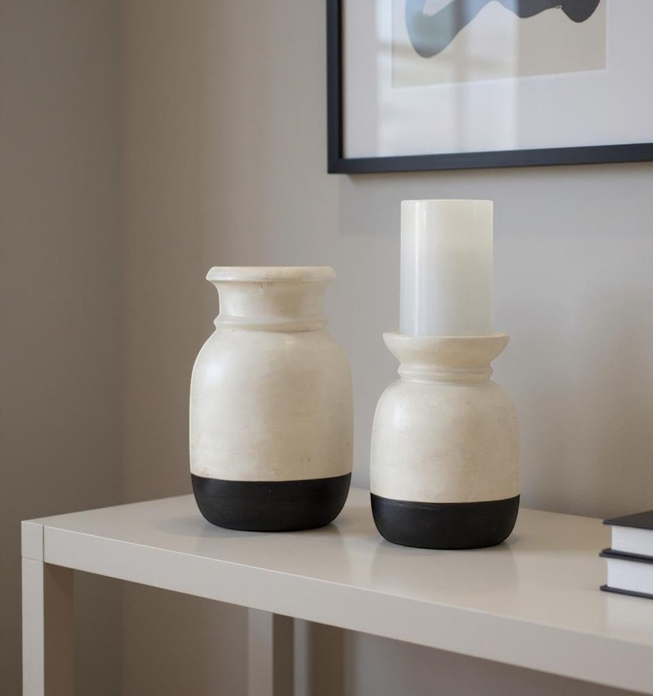 Set of Two Cream And Black Distressed Ceramic Tabletop Pillar Candle Holders