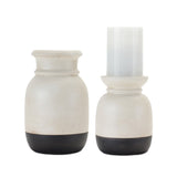 Set of Two Cream And Black Distressed Ceramic Tabletop Pillar Candle Holders
