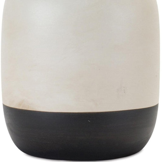 Set of Two Cream And Black Distressed Ceramic Tabletop Pillar Candle Holders