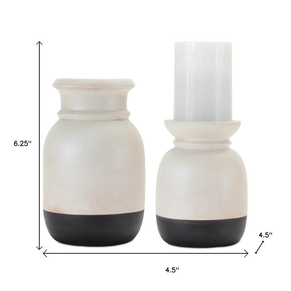 Set of Two Cream And Black Distressed Ceramic Tabletop Pillar Candle Holders