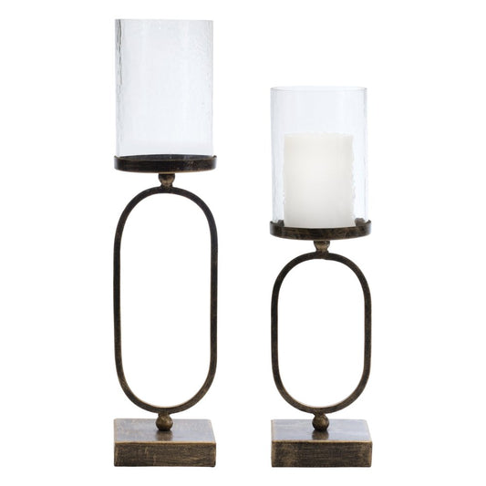 Set of Two Antiqued Bronze Geometric Glass And Metal Tabletop Hurricane Candle Holders