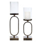 Set of Two Antiqued Bronze Geometric Glass And Metal Tabletop Hurricane Candle Holders