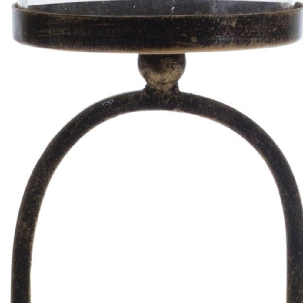 Set of Two Antiqued Bronze Geometric Glass And Metal Tabletop Hurricane Candle Holders