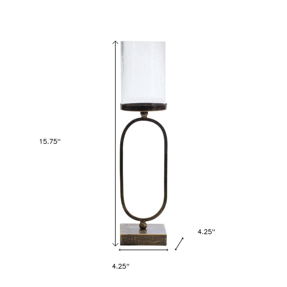 Set of Two Antiqued Bronze Geometric Glass And Metal Tabletop Hurricane Candle Holders