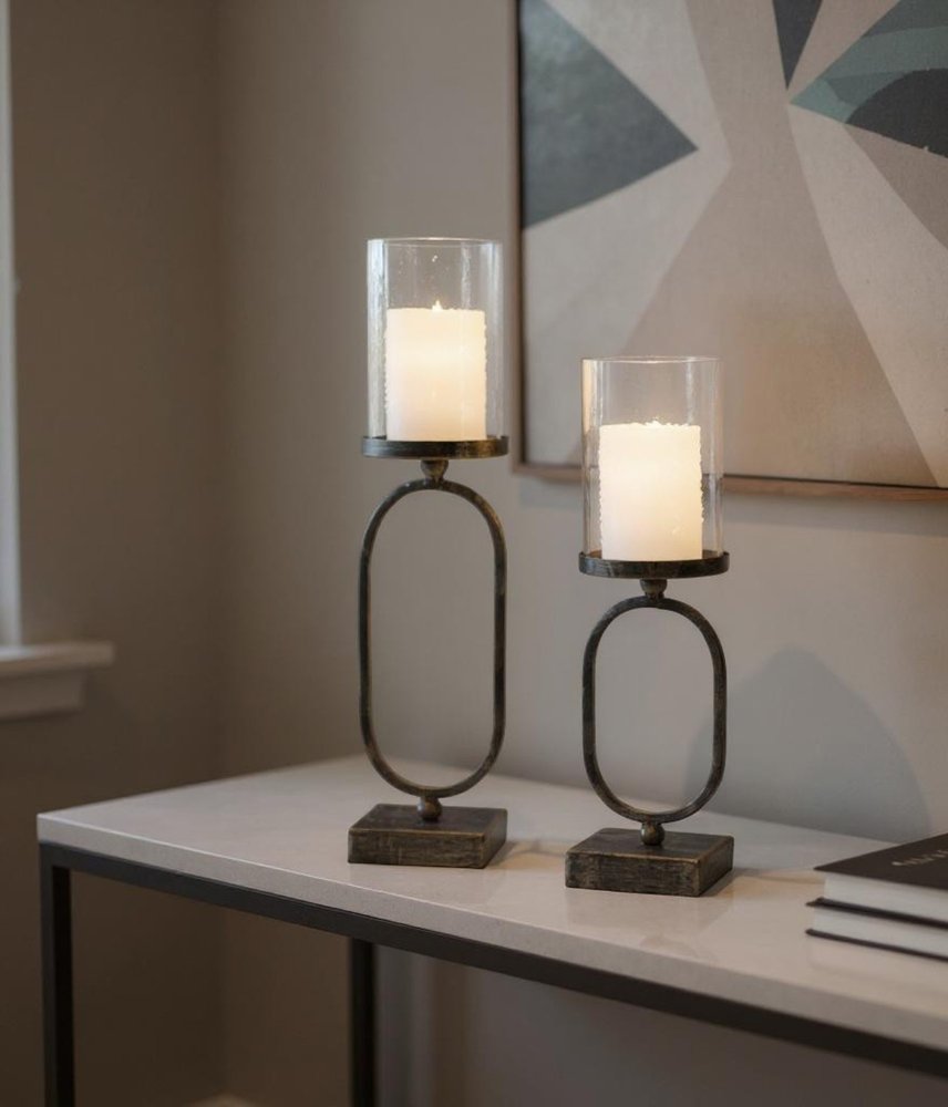 Set of Two Antiqued Bronze Geometric Glass And Metal Tabletop Hurricane Candle Holders