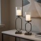 Set of Two Antiqued Bronze Geometric Glass And Metal Tabletop Hurricane Candle Holders