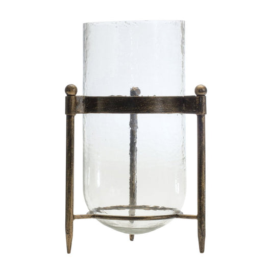 14" Bronze And Clear Glass And Metal Tabletop Hurricane Candle Holder