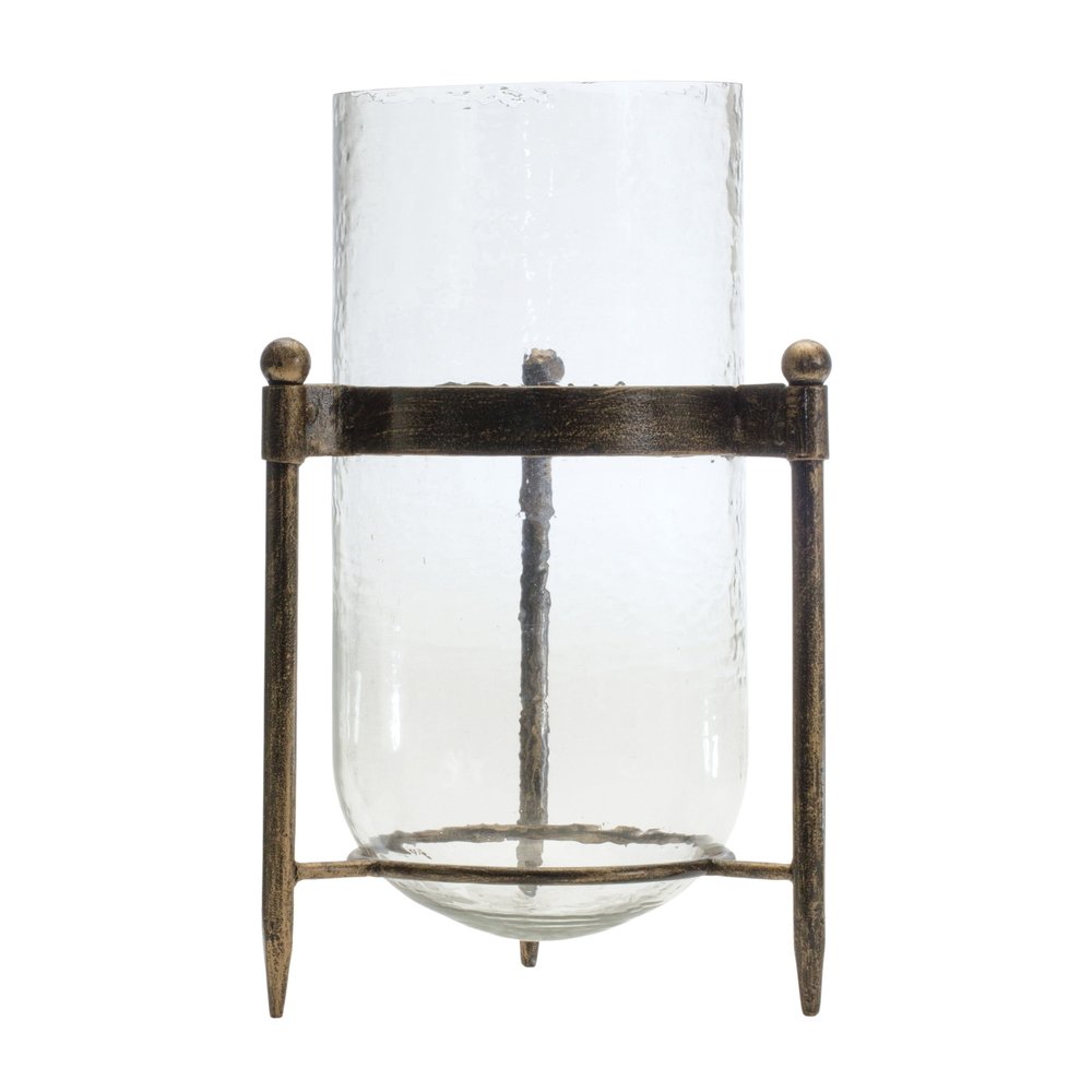 14" Bronze And Clear Glass And Metal Tabletop Hurricane Candle Holder