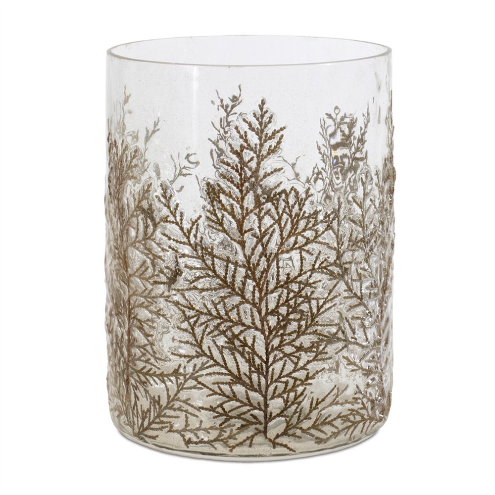8" Brown And Clear Botanical Leaf Glass Tabletop Pillar Candle Holder
