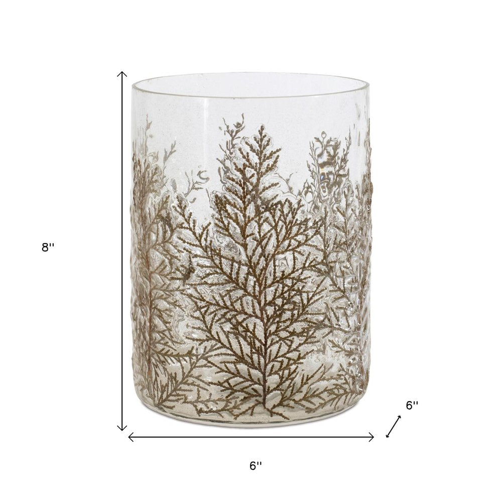 8" Brown And Clear Botanical Leaf Glass Tabletop Pillar Candle Holder