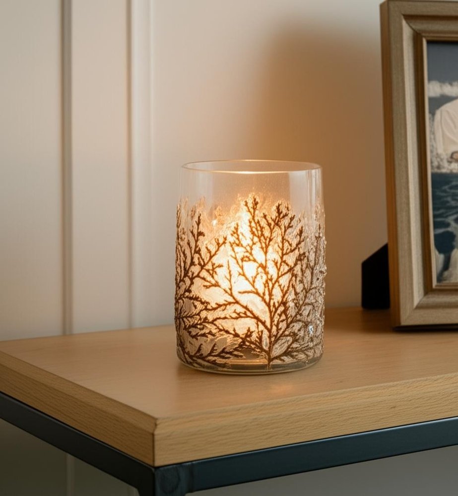 Set of Three Brown And Clear Botanical Leaf Glass Tabletop Votive Candle Holders