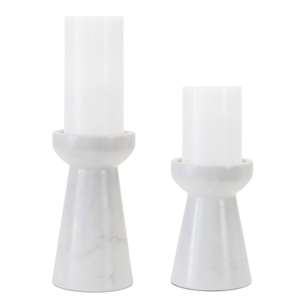 Set of Two White And Gray Marble Tabletop Pillar Candle Holders