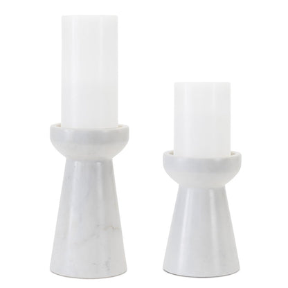 Set of Two White And Gray Marble Tabletop Pillar Candle Holders