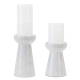 Set of Two White And Gray Marble Tabletop Pillar Candle Holders