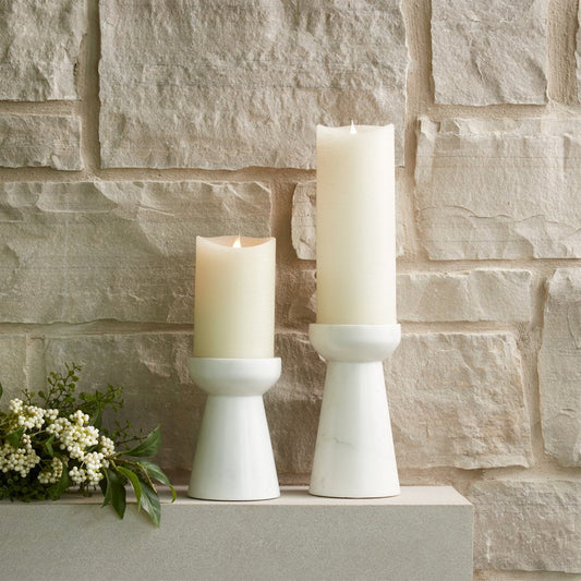 Set of Two White And Gray Marble Tabletop Pillar Candle Holders