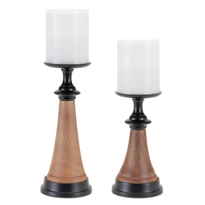 Set of Two Black And Brown Metal And Solid Wood Tabletop Pillar Candle Holders