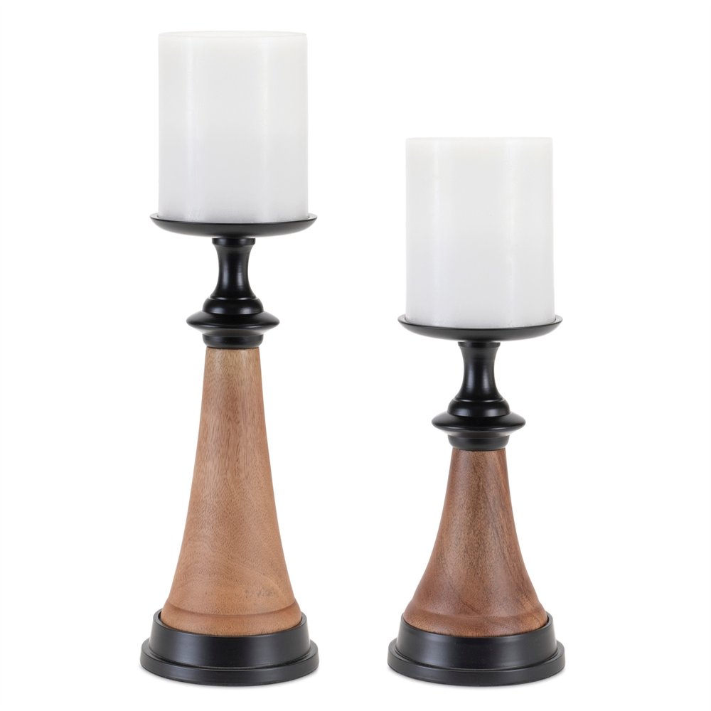 Set of Two Black And Brown Metal And Solid Wood Tabletop Pillar Candle Holders