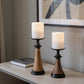 Set of Two Black And Brown Metal And Solid Wood Tabletop Pillar Candle Holders