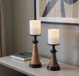 Set of Two Black And Brown Metal And Solid Wood Tabletop Pillar Candle Holders