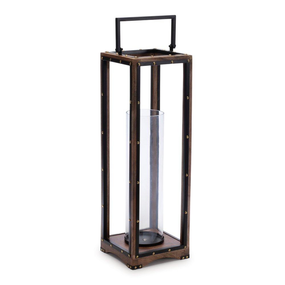 25" Black And Brown Metal And Solid Wood Tabletop Lantern Candle Holder