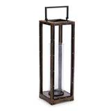 25" Black And Brown Metal And Solid Wood Tabletop Lantern Candle Holder