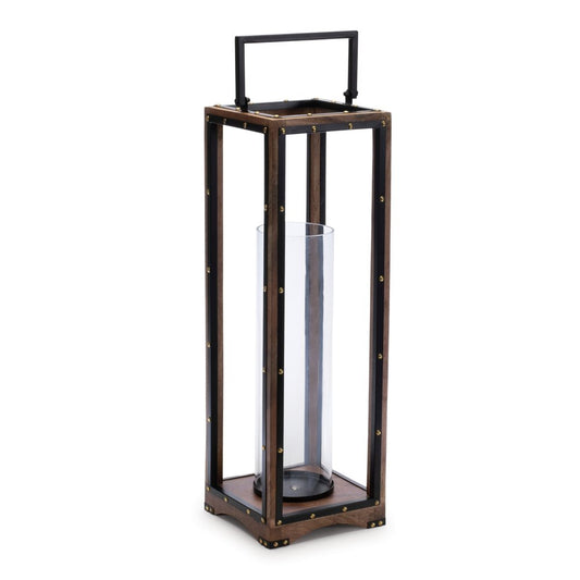 25" Black And Brown Metal And Solid Wood Tabletop Lantern Candle Holder