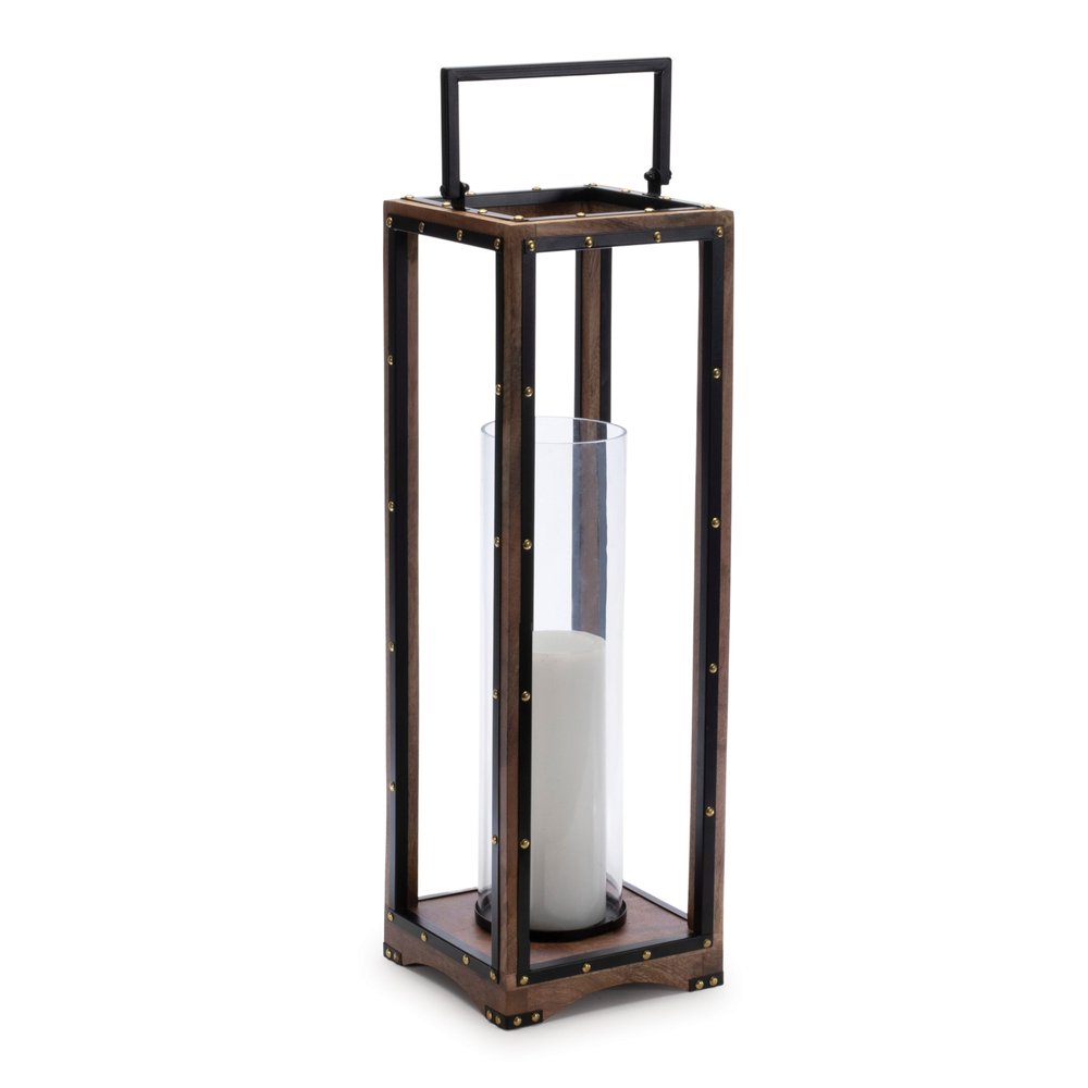 25" Black And Brown Metal And Solid Wood Tabletop Lantern Candle Holder