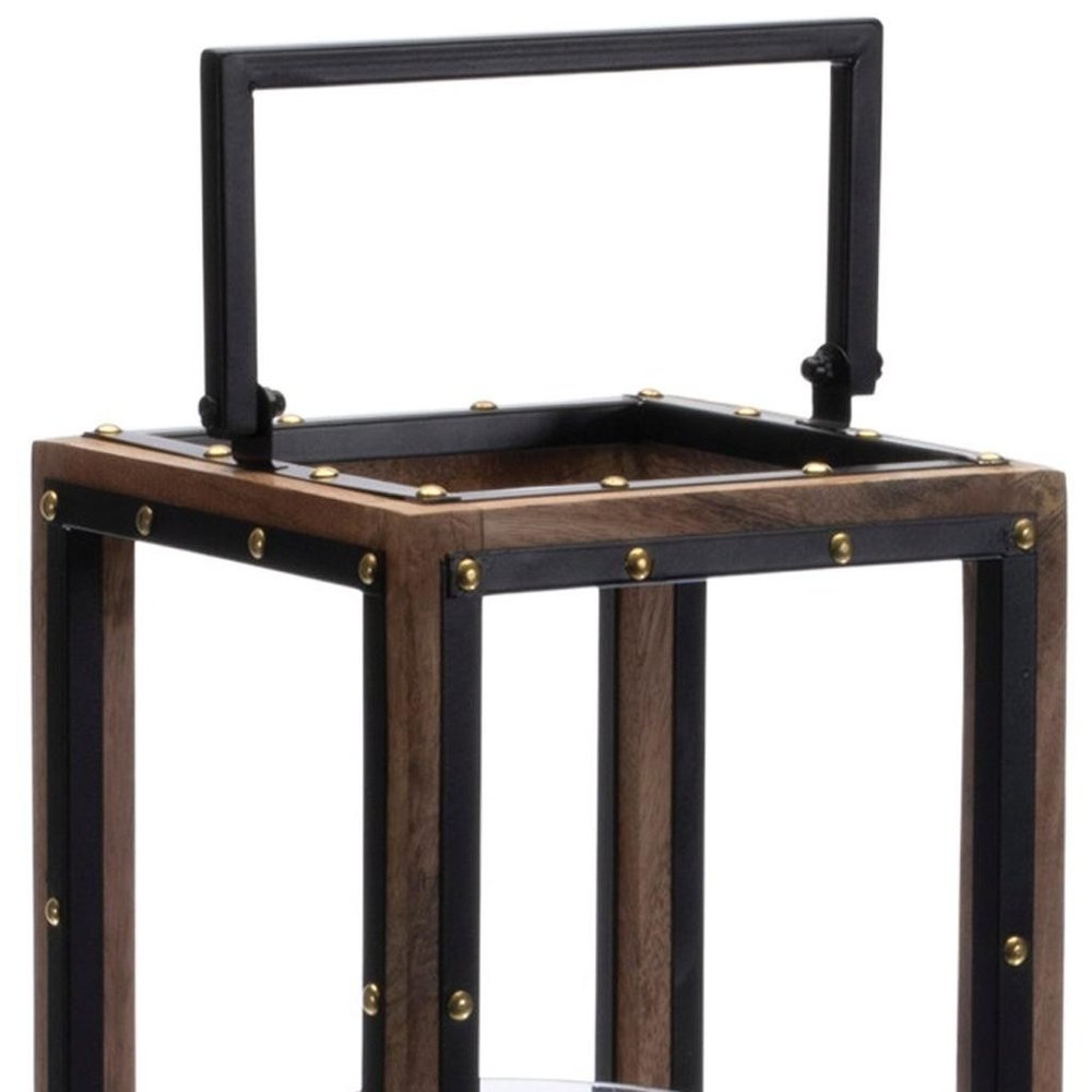 25" Black And Brown Metal And Solid Wood Tabletop Lantern Candle Holder